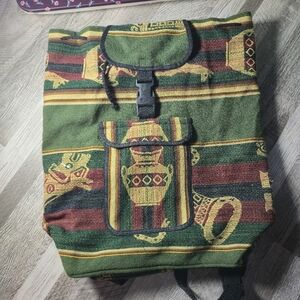 Unbranded OS Vintage Baja Woven Tapestry Backpack Boho Aztec Green Maroon